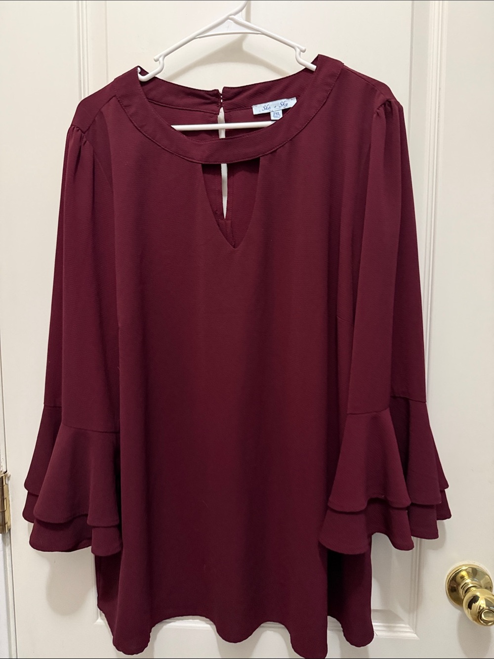 Women’s 2XL She + Sky Deep Burgundy Blouse  Ruffle Details Flowy Gypsy Plus Size